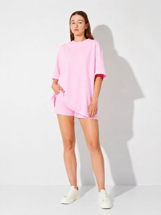 Жіночий рожевий костюм із шортами та футболкою oversize L