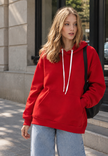 Худі жіночий теплий, колір червоний подовжений Oversize 02