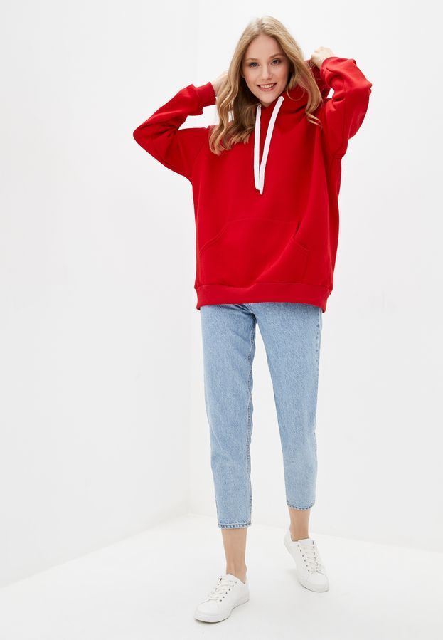 Худі жіночий теплий, колір червоний подовжений Oversize 02