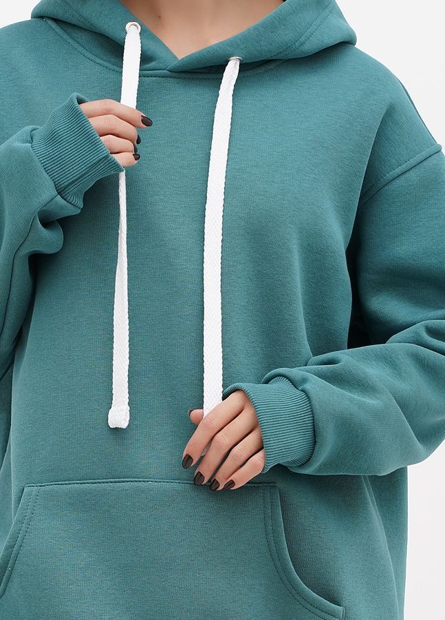 Bluza z kapturem damska polarowa Oversize 02 wydłużona, kolor szmaragdowy