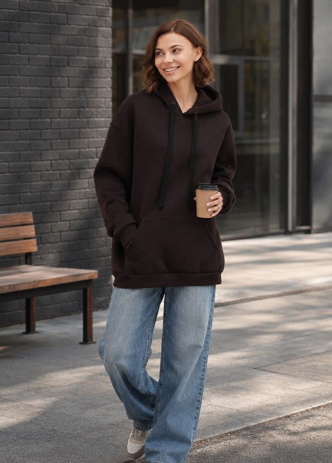 Bluza z kapturem damska polarowa Oversize 02 wydłużona, kolor czekoladowy (brązowy)