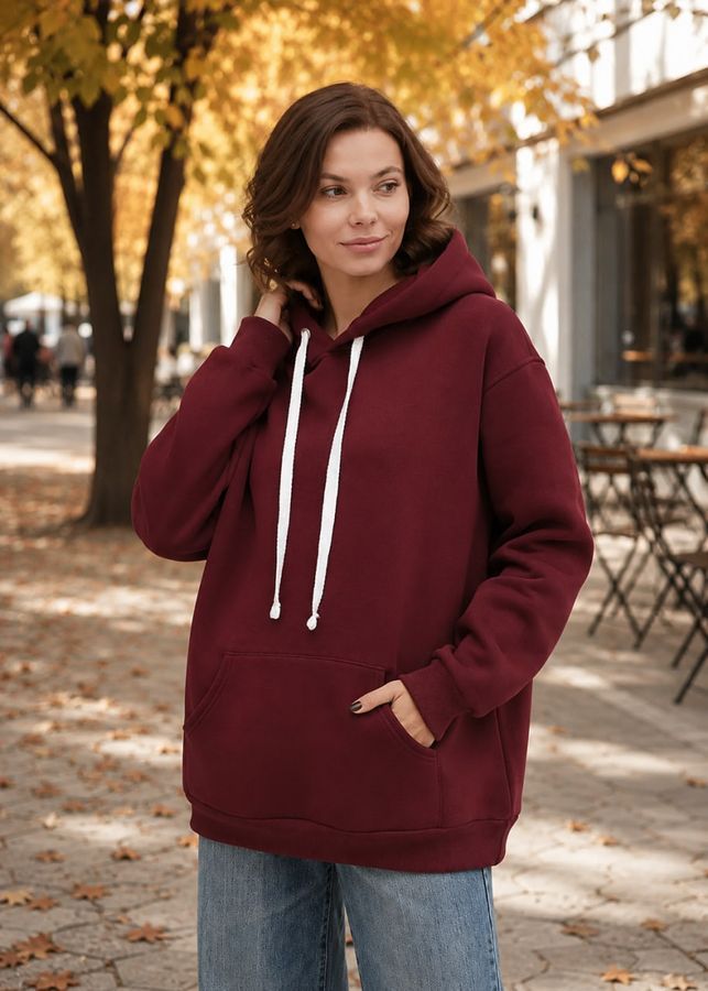 Худі жіночий на флісі Oversize 02 подовжений , колір бордо (колір бургундія)