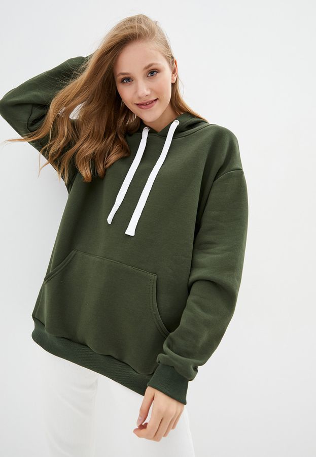 Худі жіночий теплий, колір хакі подовжений Oversize 02